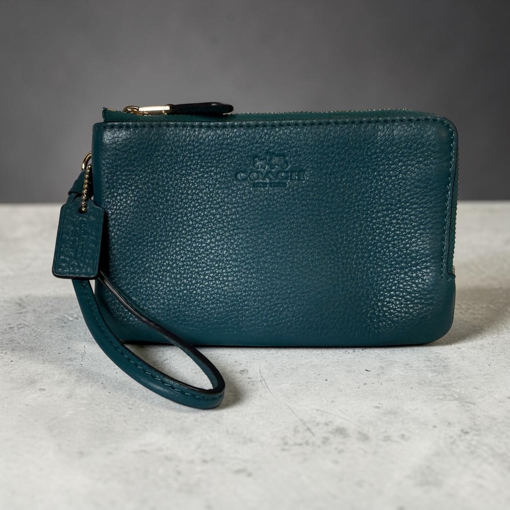 Coach Double Corner Zip Wristlet Teal Pebble Leather Gold Hardware Wallet